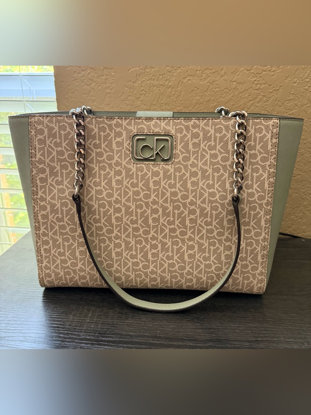 Calvin Klein Beige Monogram Tote with Silver Chain Straps